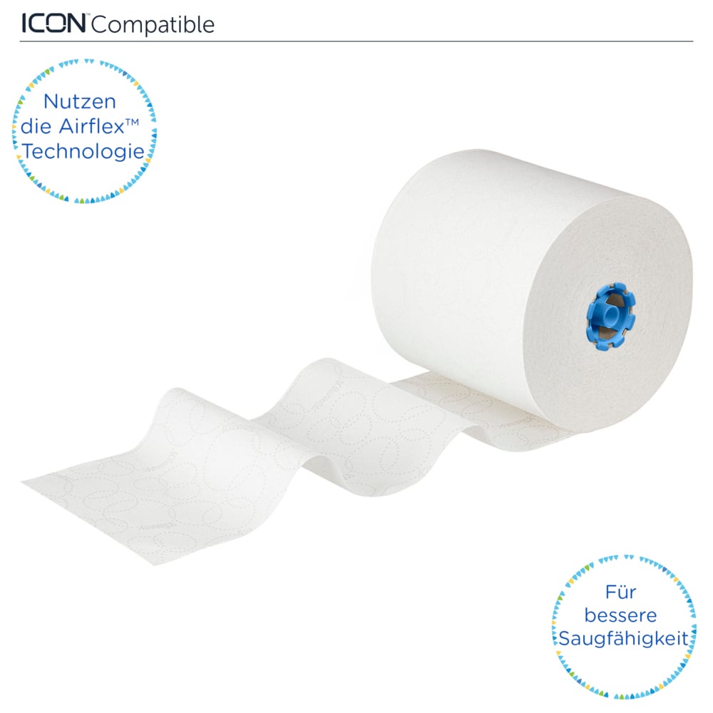 Rouleaux d'essuie-mains Kleenex® 6646 - rouleaux d'essuie-mains en papier E-Roll grand format - 6 x rouleaux de 250 m d'essuie-mains en papier blanc (1 500 m au total) - 6646