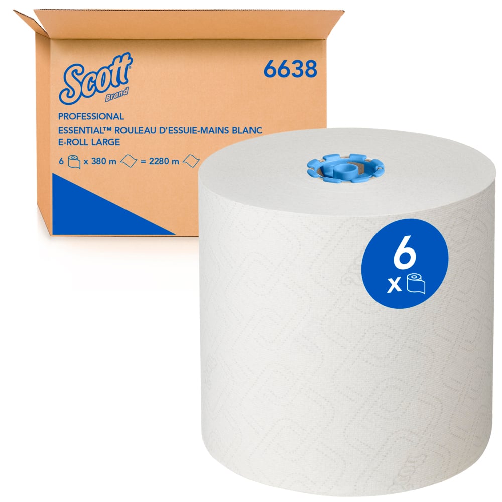 Rouleaux d'essuie-mains Scott® Essential™ 6638 - Rouleaux d'essuie-mains en papier E-Roll grand format - 6 x rouleaux de 380 m d'essuie-mains en papier blanc (2 280 m au total) - 6638