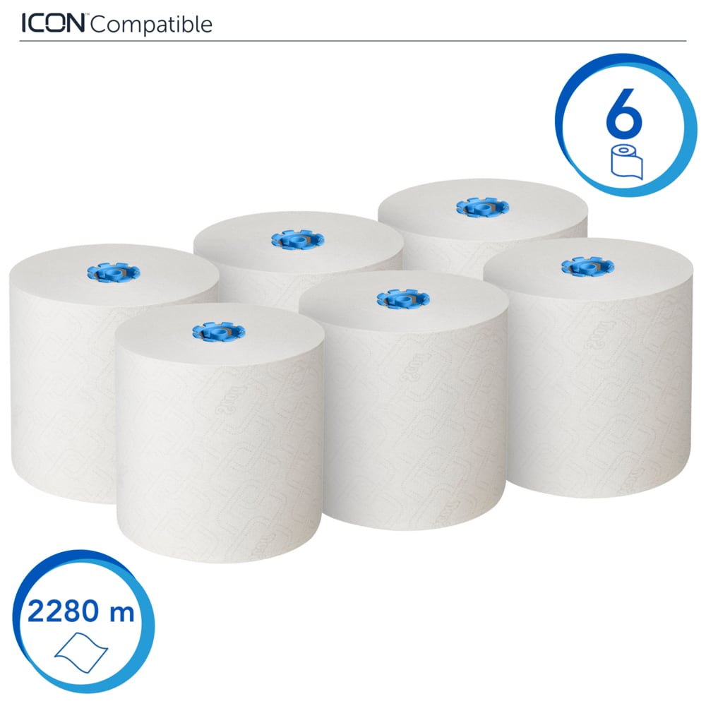 Rouleaux d'essuie-mains Scott® Essential™ 6638 - Rouleaux d'essuie-mains en papier E-Roll grand format - 6 x rouleaux de 380 m d'essuie-mains en papier blanc (2 280 m au total) - 6638