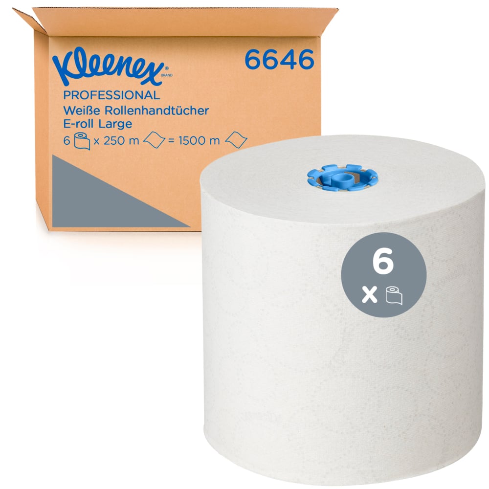 Rouleaux d'essuie-mains Kleenex® 6646 - rouleaux d'essuie-mains en papier E-Roll grand format - 6 x rouleaux de 250 m d'essuie-mains en papier blanc (1 500 m au total) - 6646