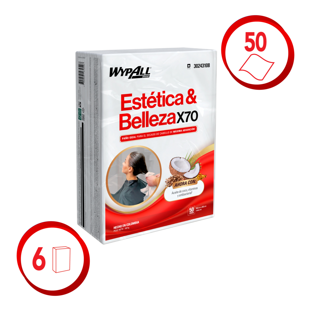 WypAll® Estética y Belleza X70 Paños Doblados, 30243108, Paños de Limpieza,  6 paquetes x 50 paños (300 en total) - S061511551