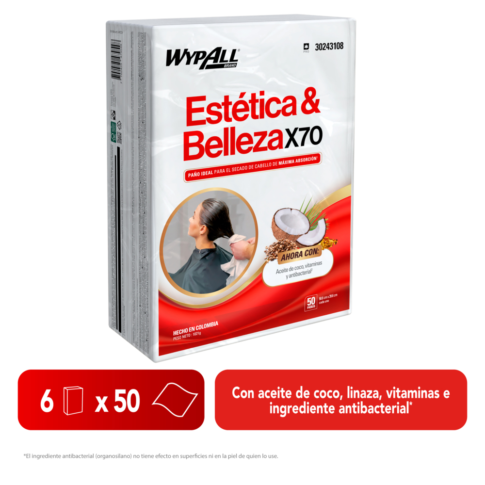 WypAll® Estética y Belleza X70 Paños Doblados, 30243108, Paños de Limpieza,  6 paquetes x 50 paños (300 en total) - S061511551