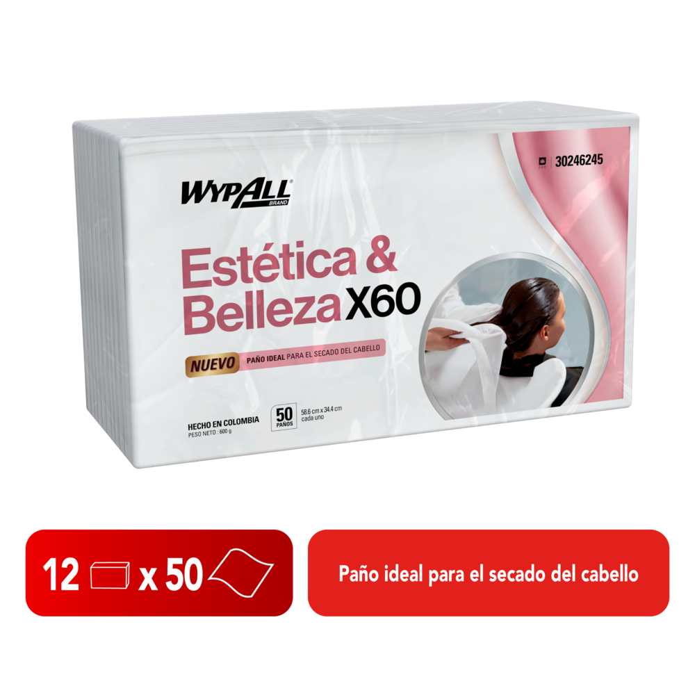 WypAll® Paños de limpieza X60 Belleza Doblados, 30246245, Paños de Limpieza, 12 paquetes x 50 paños (600 en total) - S063977640