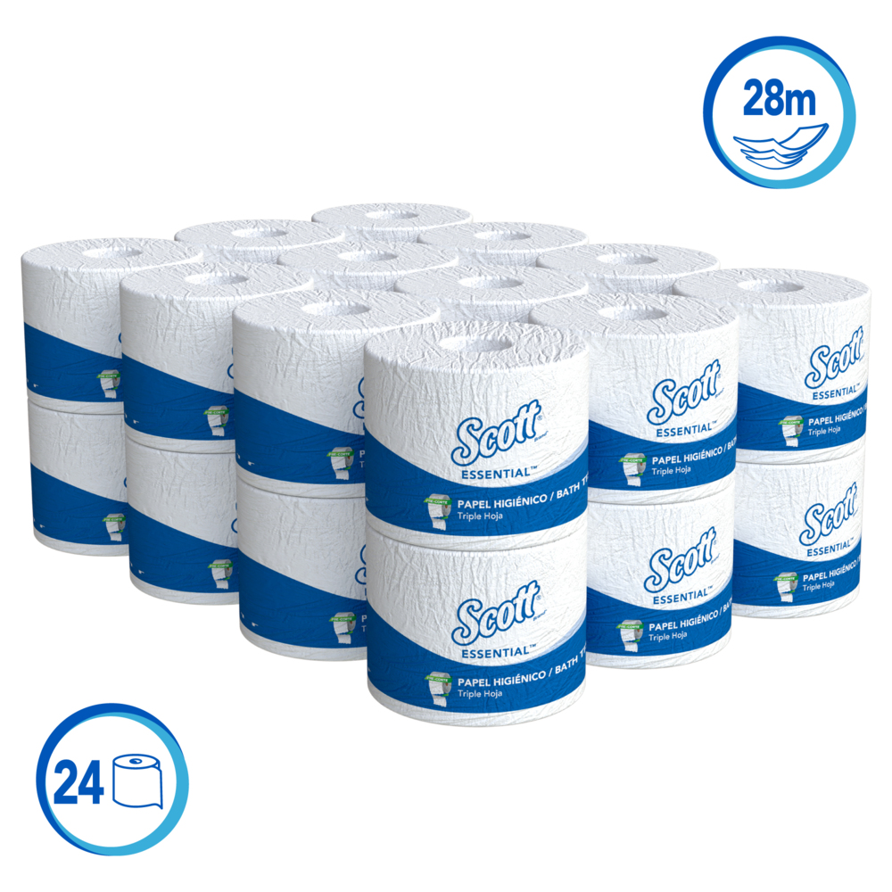 Scott® Essential Papel Higiénico en Rollo 30243350 - Hoja Triple - 28m/Rollo, 24 Rollos/Bolsa - S061682425