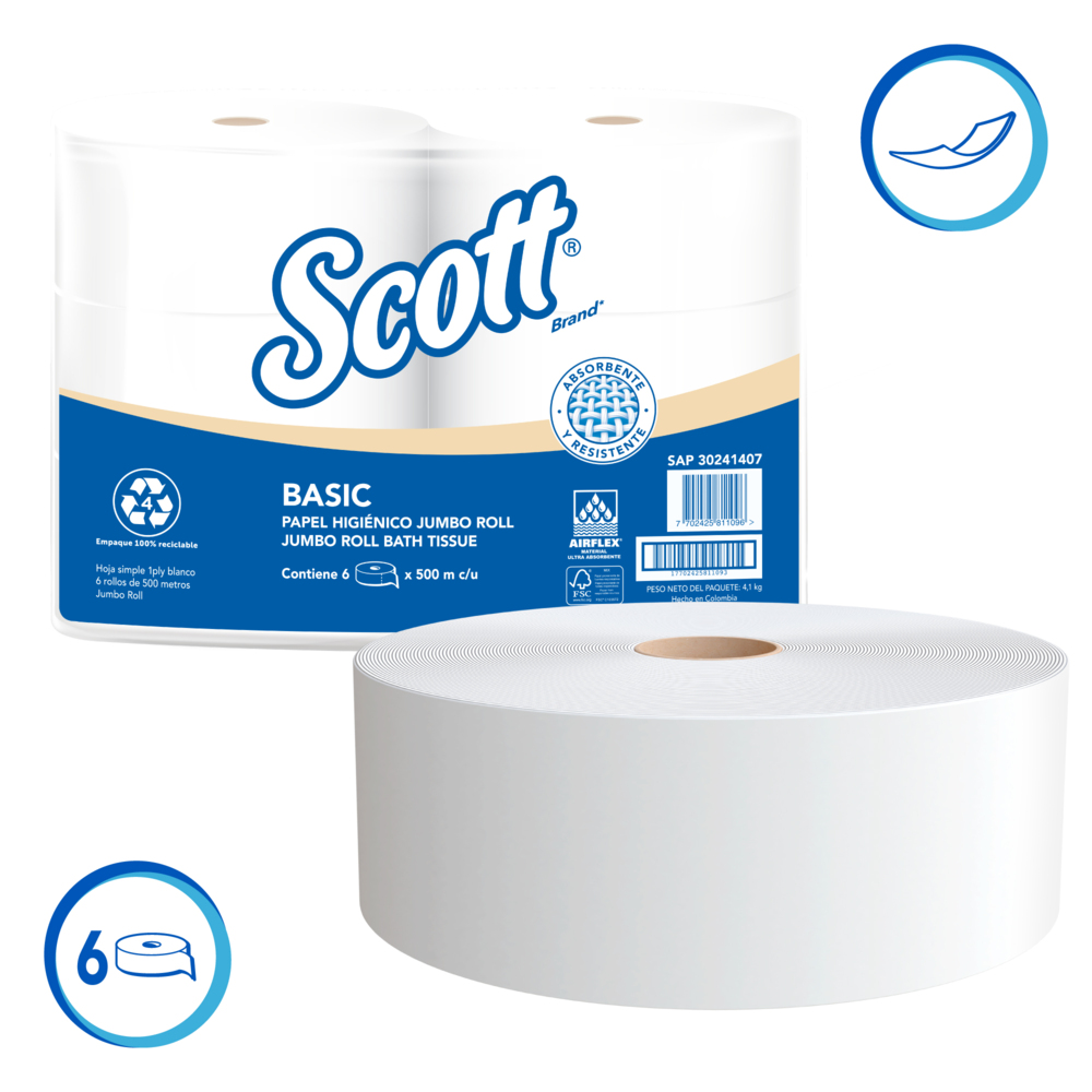 Scott® Basic Papel Higiénico en Rollo 30241407 - Económico, Hoja Sencilla - 500m/Rollo,  6 Rollos/Caja (3000m)​ - S060466563