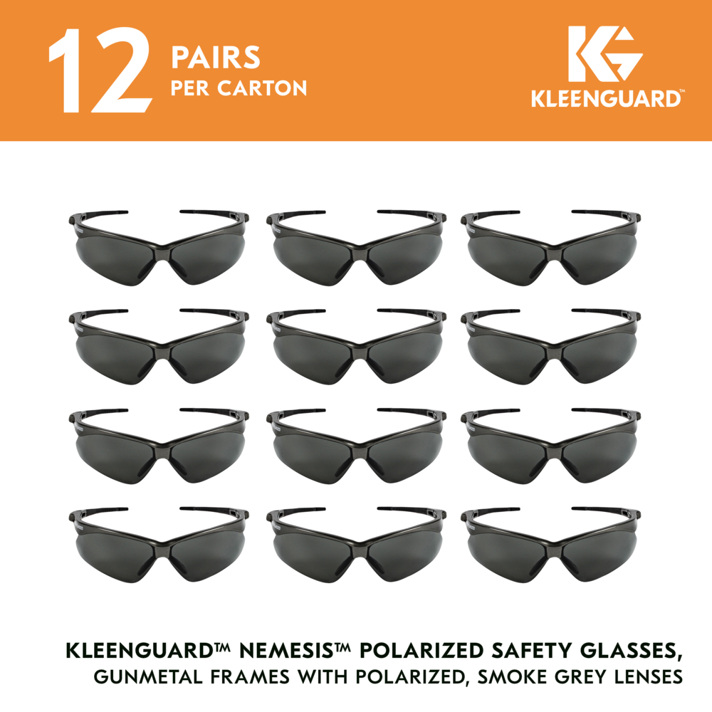 KleenGuard™ V30 Nemesis™ Polarized Safety Glasses (28635), Smoke Grey Lenses, Gunmetal Frame, Unisex Sunglasses for Men and Women (Qty 12) - 28635