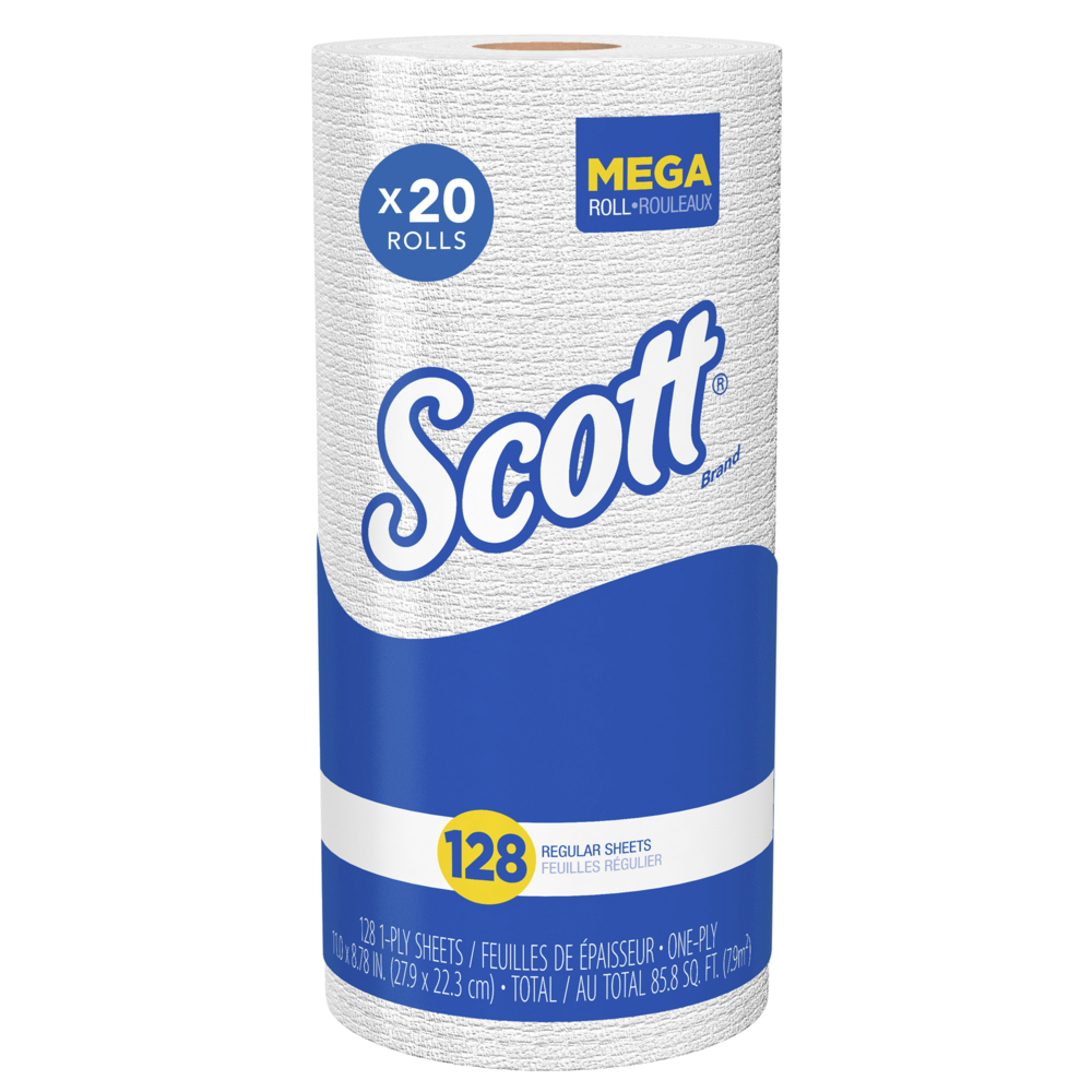 Scott® Kitchen Paper Towels (41482), with Fast-Drying Absorbency Pockets™, White, Perforated Standard Paper Towel Rolls, (20 Rolls/Case, 128 Sheets/Roll, 2,560 Sheets/Case) - 41482