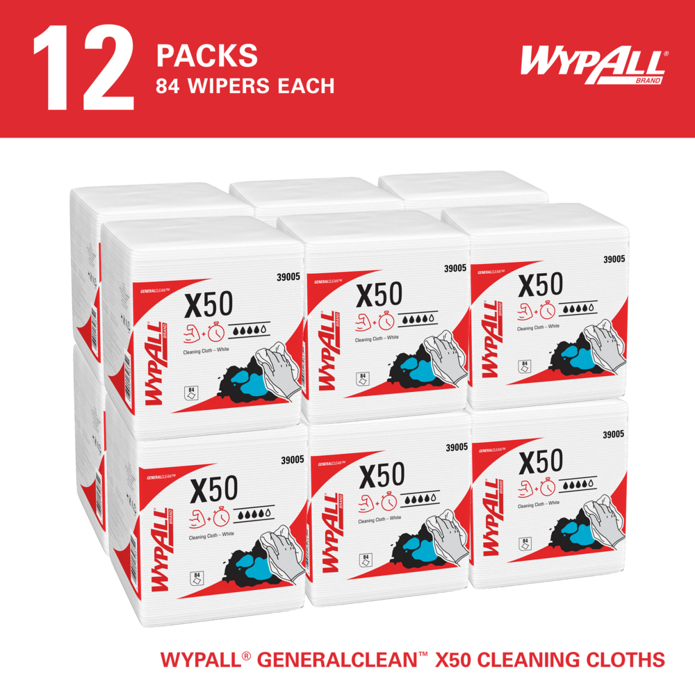 WypAll® GeneralClean™ X50 Cleaning Cloths (39005), Quarterfold, Strong for Extended Use, White (84 Sheets/Box, 12 Boxes/Case, 1,008 Sheets/Case) - 39005