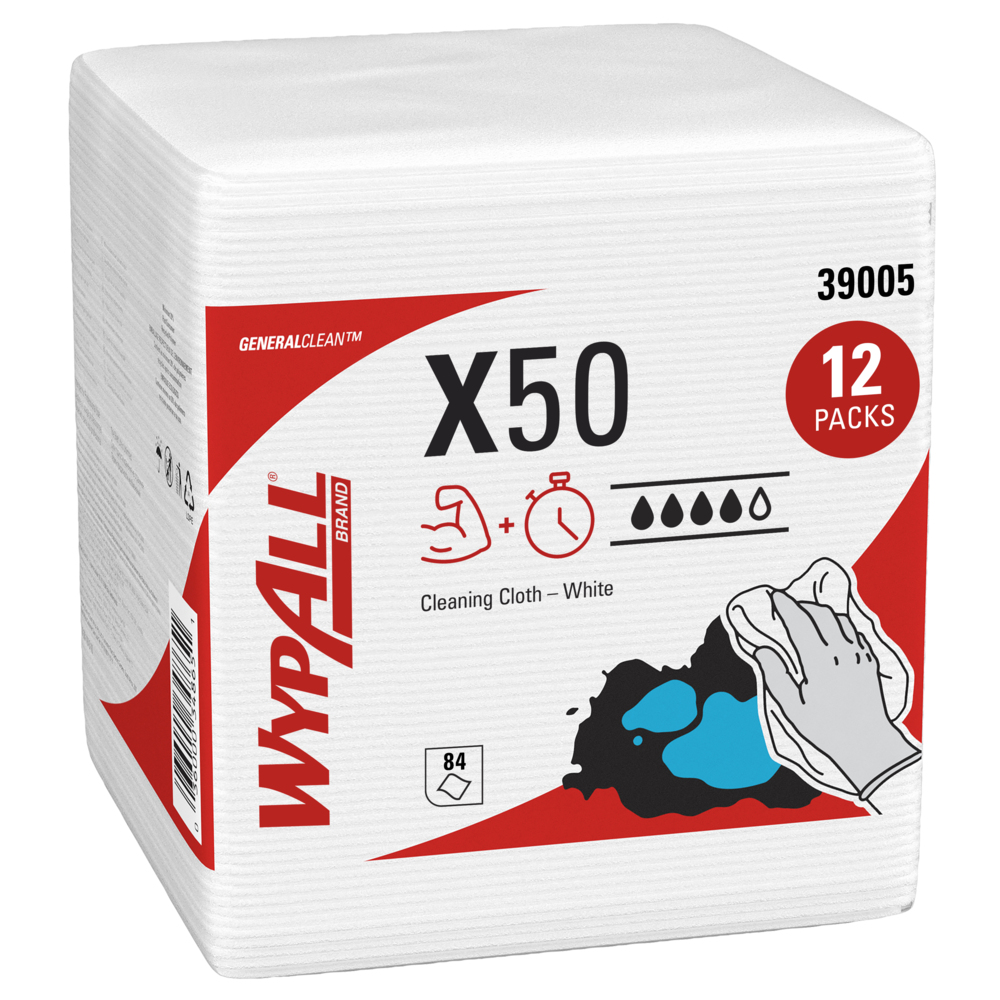 WypAll® GeneralClean™ X50 Cleaning Cloths (39005), Quarterfold, Strong for Extended Use, White (84 Sheets/Box, 12 Boxes/Case, 1,008 Sheets/Case) - 39005