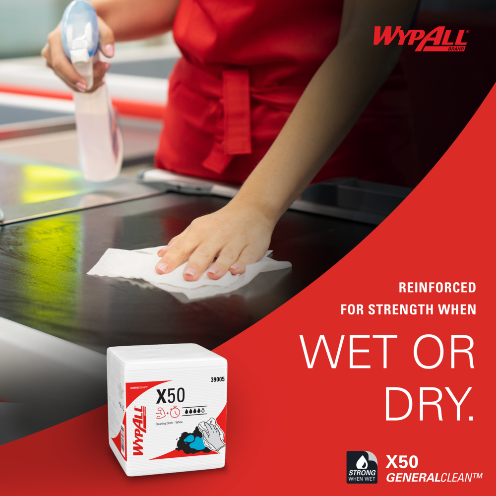 WypAll® GeneralClean™ X50 Cleaning Cloths (39005), Quarterfold, Strong for Extended Use, White (84 Sheets/Box, 12 Boxes/Case, 1,008 Sheets/Case) - 39005