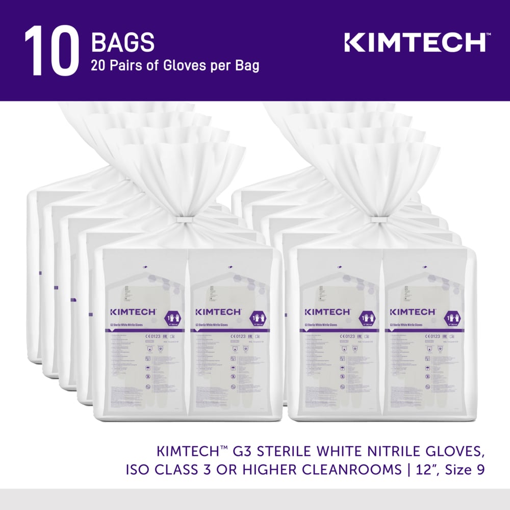 Kimtech™ G3 Sterile White Nitrile Gloves (56894), ISO Class 3 or Higher Cleanrooms, 6 Mil, Hand Specific, 12”, Size 9.0, 200 Pairs / Case, 10 Bags of 20 Pairs - 56894