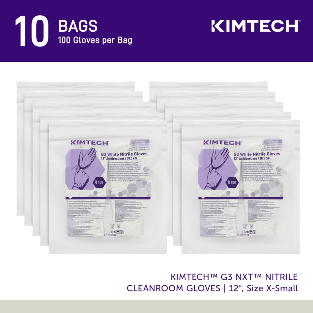 Kimtech™ G3 NXT™ Nitrile Gloves (62990), 6.3 Mil, Ambidextrous, 12", ISO Class 3 or Higher Cleanrooms, Double Bagged, XS (100 Gloves/Bag, 10 Bags/Case, 1,000 Gloves/Case) - 62990