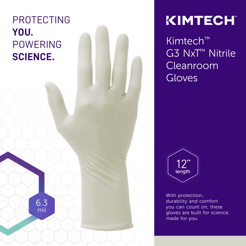 Kimtech™ G3 NXT™ Nitrile Gloves (62990), 6.3 Mil, Ambidextrous, 12", ISO Class 3 or Higher Cleanrooms, Double Bagged, XS (100 Gloves/Bag, 10 Bags/Case, 1,000 Gloves/Case) - 62990