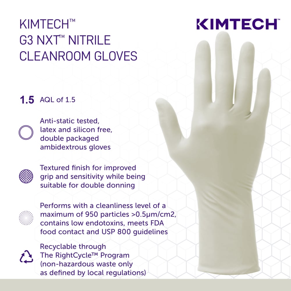 Kimtech™ G3 NXT™ Nitrile Gloves (62991), 6.3 Mil, Ambidextrous, 12", ISO Class 3 or Higher Cleanrooms, Double Bagged, S (100 Gloves/Bag, 10 Bags/Case, 1,000 Gloves/Case) - 62991