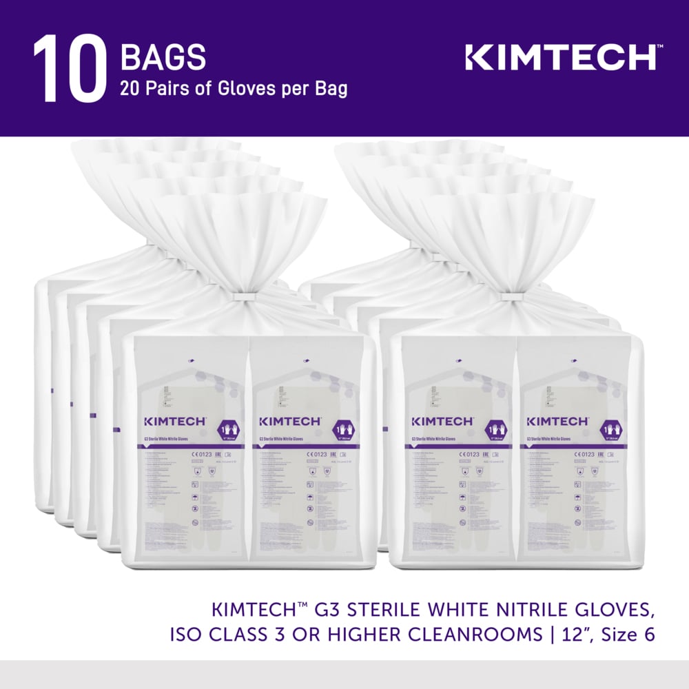 Kimtech™ G3 Sterile White Nitrile Gloves (56888), ISO Class 3 or Higher Cleanrooms, 6 Mil, Hand Specific, 12”, Size 6.0, 200 Pairs / Case, 10 Bags of 20 Pairs - 56888