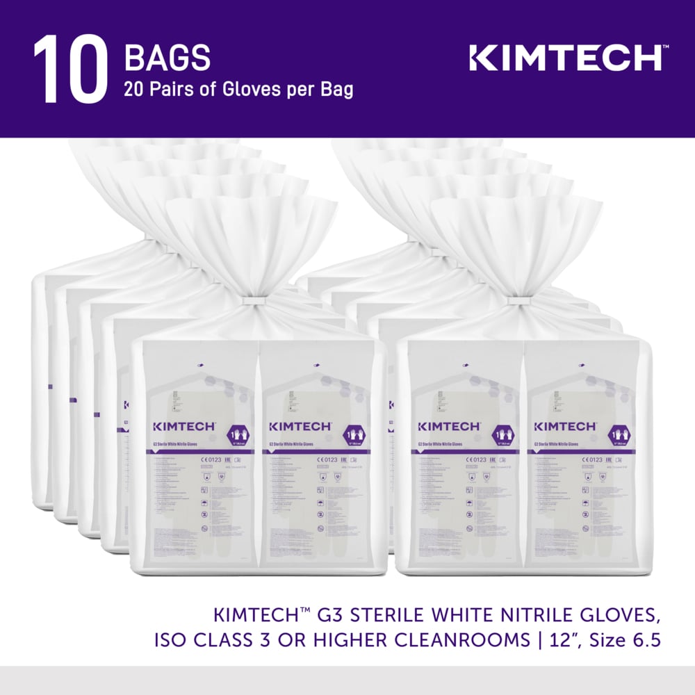 Kimtech™ G3 Sterile White Nitrile Gloves (56889), ISO Class 3 or Higher Cleanrooms, 6 Mil, Hand Specific, 12”, Size 6.5, 200 Pairs / Case, 10 Bags of 20 Pairs - 56889