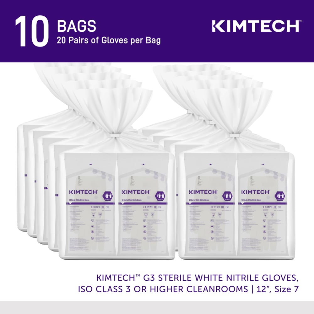 Kimtech™ G3 Sterile White Nitrile Gloves (56890), ISO Class 3 or Higher Cleanrooms, 6 Mil, Hand Specific, 12”, Size 7.0, 200 Pairs / Case, 10 Bags of 20 Pairs - 56890