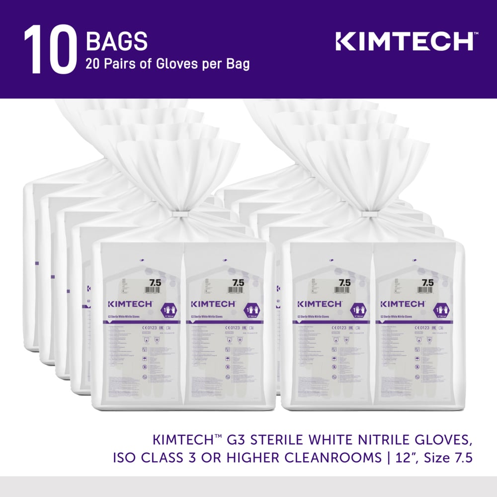 Kimtech™ G3 Sterile White Nitrile Gloves (56891), ISO Class 3 or Higher Cleanrooms, 6 Mil, Hand Specific, 12”, Size 7.5, 200 Pairs / Case, 10 Bags of 20 Pairs - 56891