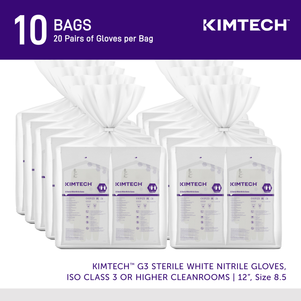 Kimtech™ G3 Sterile White Nitrile Gloves (56893), ISO Class 3 or Higher Cleanrooms, 6 Mil, Hand Specific, 12”, Size 8.5, 200 Pairs / Case, 10 Bags of 20 Pairs - 56893