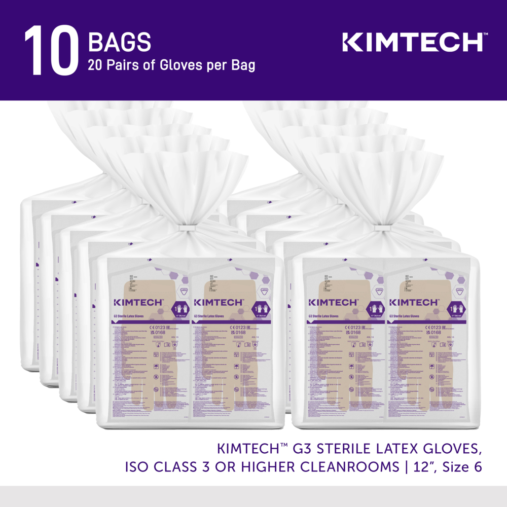 Kimtech™ G3 Sterile Latex Gloves (56843), ISO Class 3 or Higher Cleanrooms, 8 Mil, Hand Specific, 12”, Size 6.0, Natural Color, 20 Pairs/Bag, 10 Bags/Case; 200 Pairs / Case - 56843