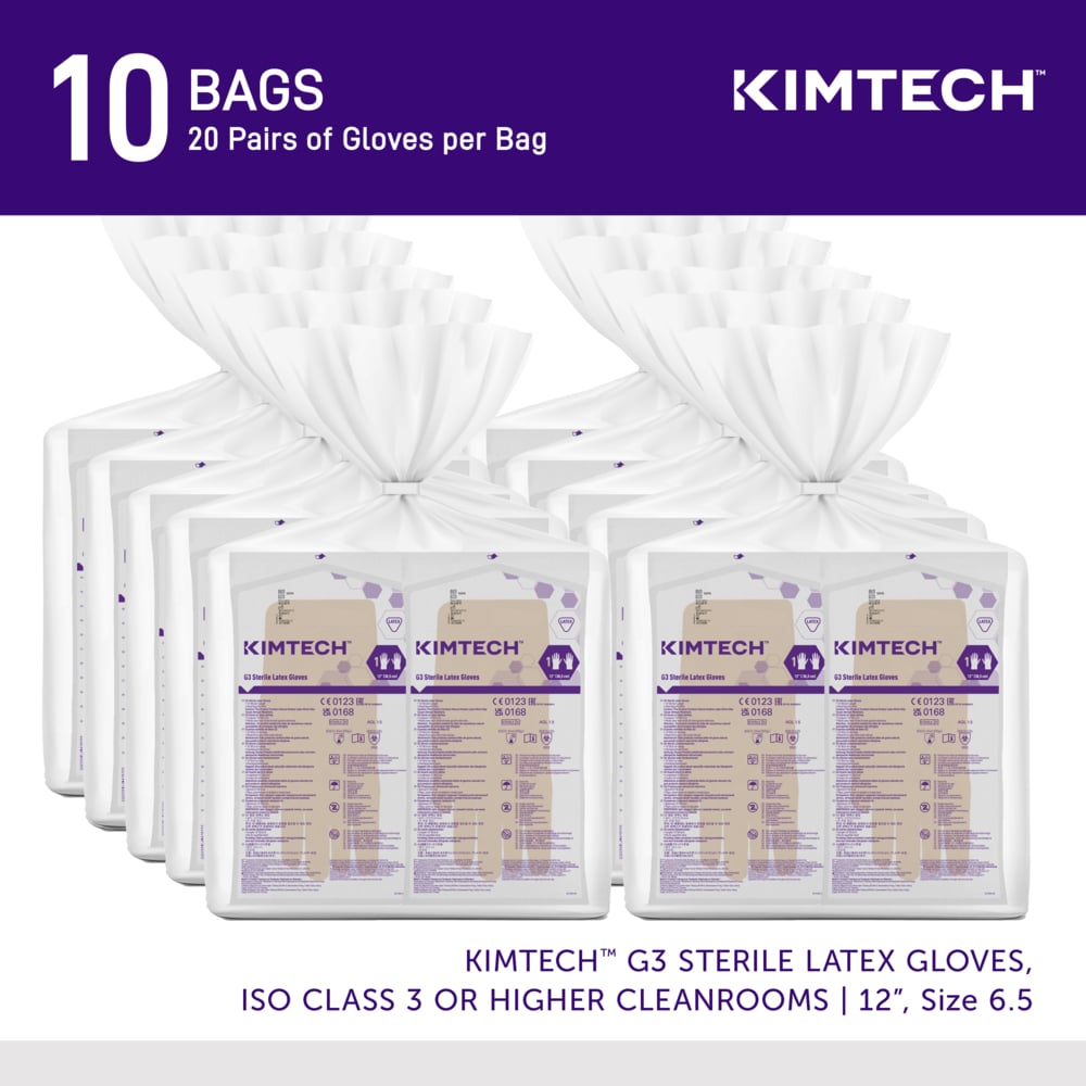 Kimtech™ G3 Sterile Latex Gloves (56844), ISO Class 3 or Higher Cleanrooms, 8 Mil, Hand Specific, 12”, Size 6.5, Natural Color, 20 Pairs/Bag, 10 Bags/Case; 200 Pairs / Case - 56844