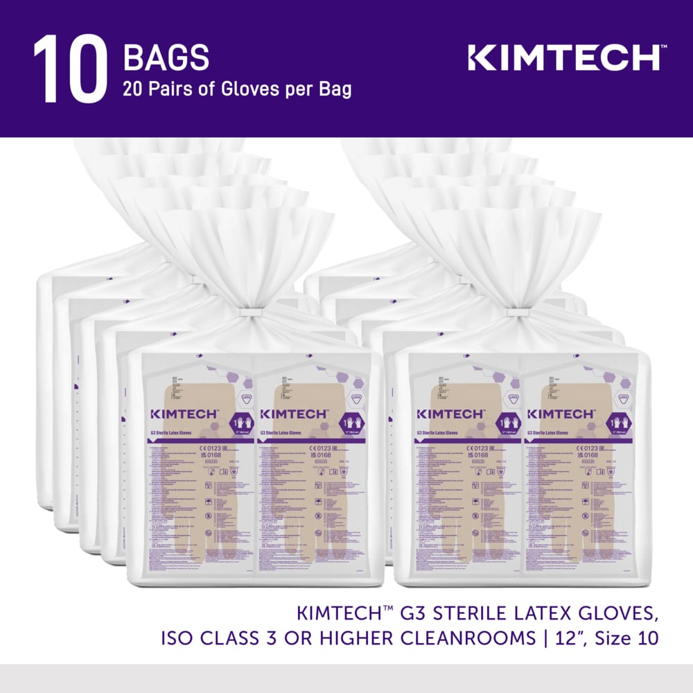 Kimtech™ G3 Sterile Latex Gloves (56842), ISO Class 3 or Higher Cleanrooms, 8 Mil, Hand Specific, 12”, Size 10.0, Natural Color, 20 Pairs/Bag, 10 Bags/Case; 200 Pairs / Case - 56842