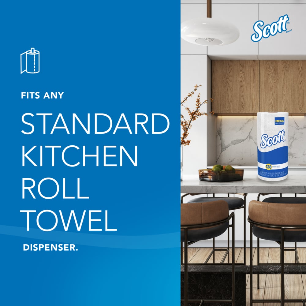 Scott® Kitchen Paper Towels (41482), with Fast-Drying Absorbency Pockets™, White, Perforated Standard Paper Towel Rolls, (20 Rolls/Case, 128 Sheets/Roll, 2,560 Sheets/Case) - 41482