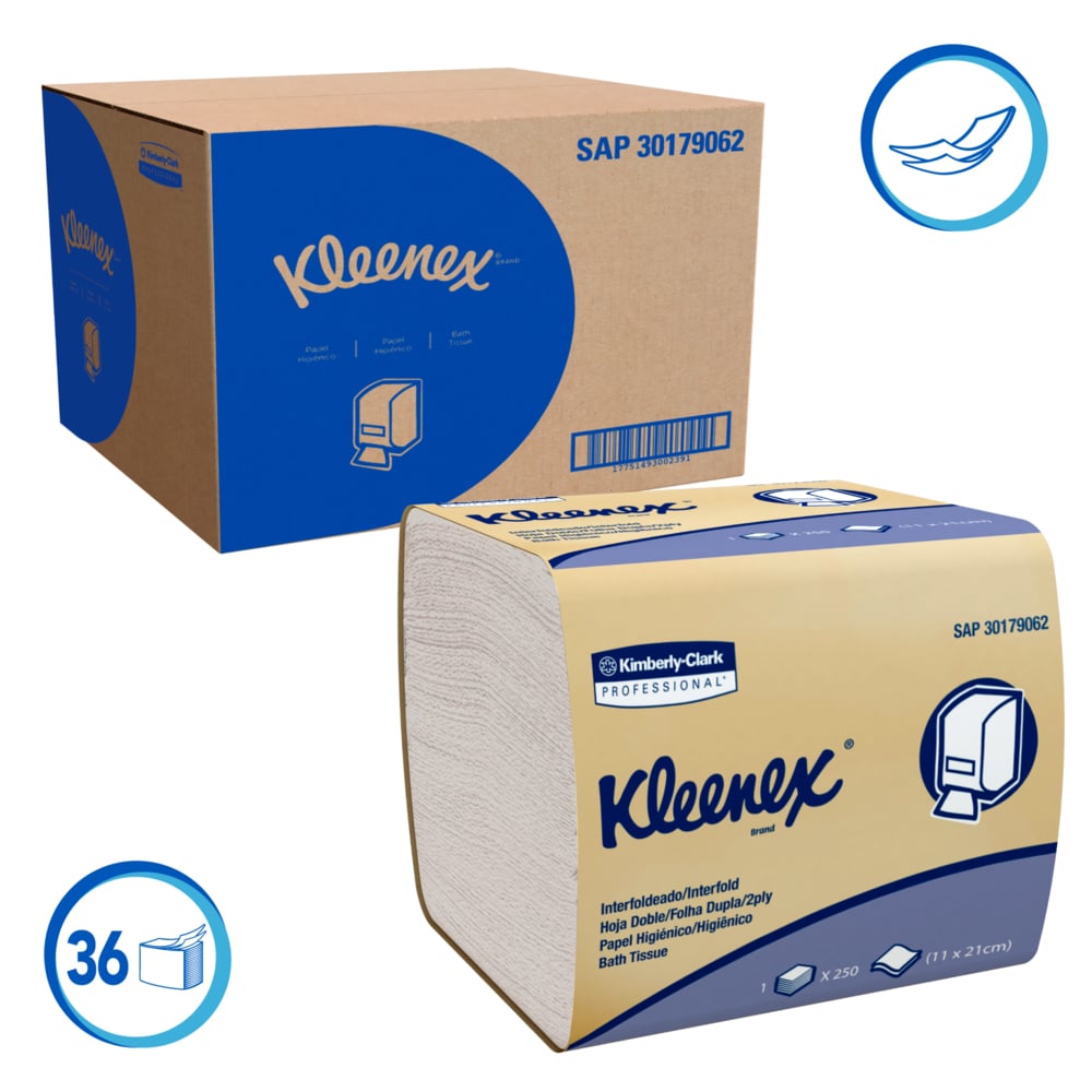 Kleenex® Papel Higiénico Intercalado 30179062 - Hoja Doble - 250 Hojas/Paquete, 36 Paquetes/Caja - S050068255