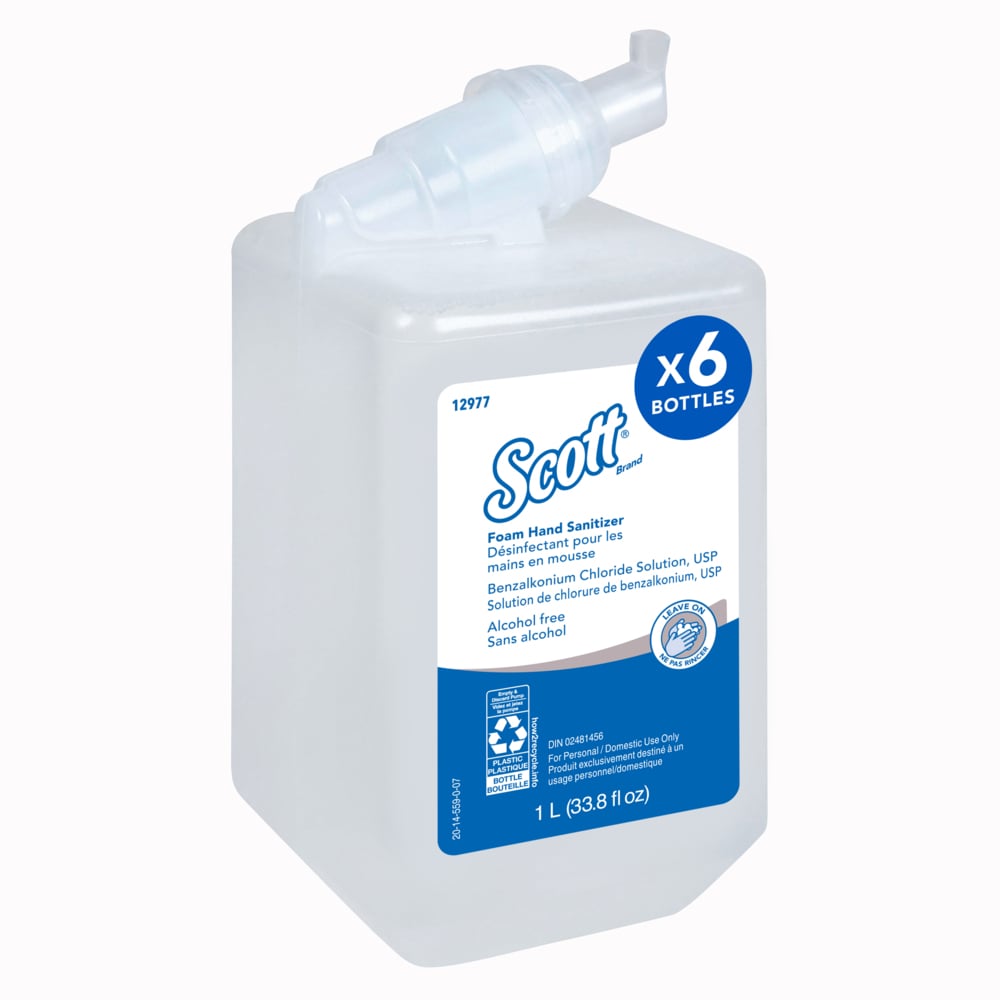 Scott® Foam Hand Sanitizer (12977), 1.0 L Manual Refills, Clear, No Fragrance Added, (6 Bottles/Case)