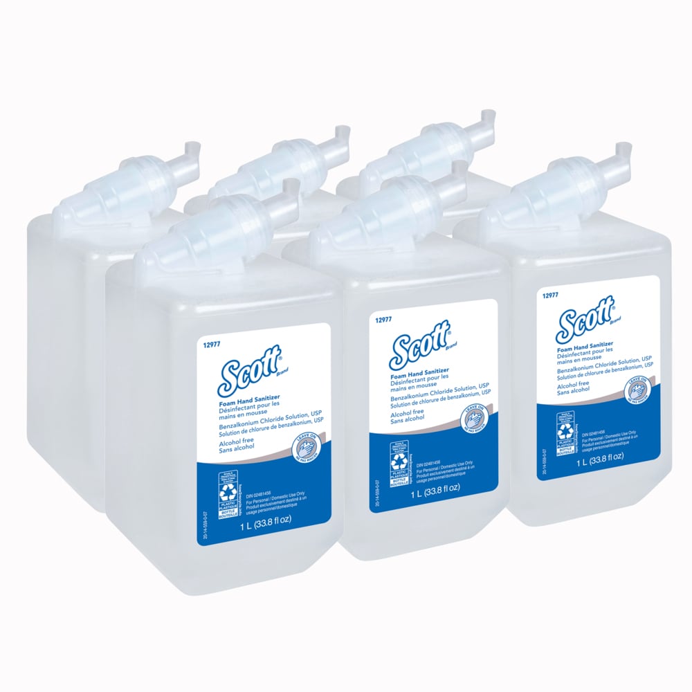 Désinfectant pour les mains en mousse Scott® (12977), recharges pour distributrices manuelles de 1 L, transparent, sans parfum ajouté, (6 bouteilles/caisse) - 12977