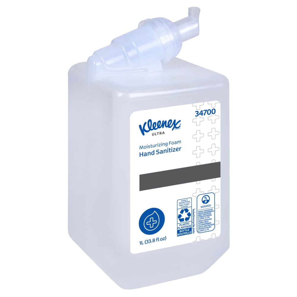 Désinfectant ultra hydratant en mousse pour les mains Kleenex® (34700), recharges pour distributrices manuelles de savon pour les mains transparent et sans parfum ajouté de 1 L pour les distributrices manuelles Scott® Essential, Ecologo, certifié E-3 par la NSF (6 bouteilles/caisse) - 34700