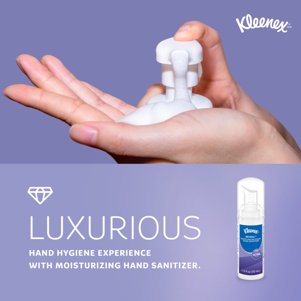 Kleenex® Reveal™ Ultra Moisturizing Foam Hand Sanitizer (34604), 1.5 oz. Pump Bottles, Clear, No Fragrance Added, NSF E-3 Rated, (24 Bottles/Case) - 34604