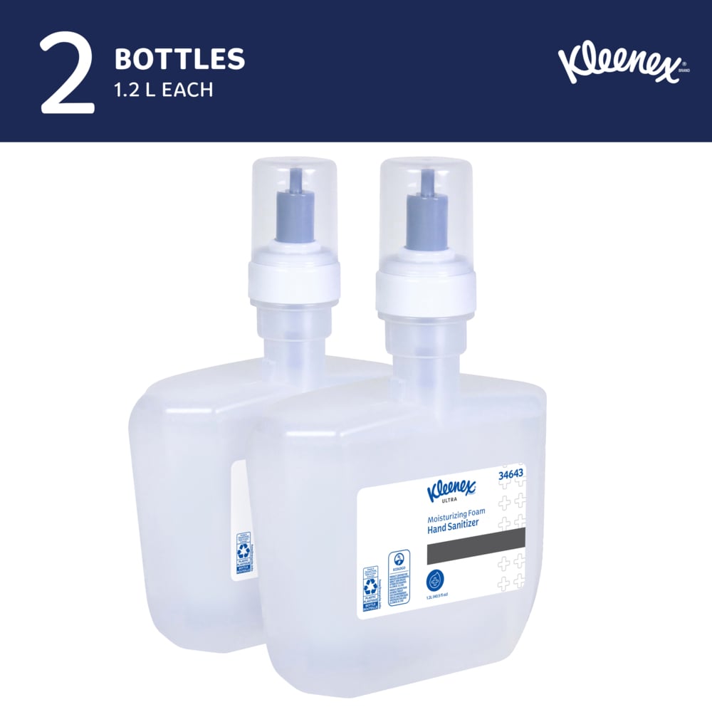 Kleenex® Ultra Moisturizing Foam Hand Sanitizer (34643), 1.2 L Clear, No Fragrance Added, Automatic Hand Soap Refills for Kimberly-Clark Professional™ ICON™ and Scott® Pro Automatic Dispensers, Ecologo, NSF E-3 Rated (2 Bottles/Case) - 34643