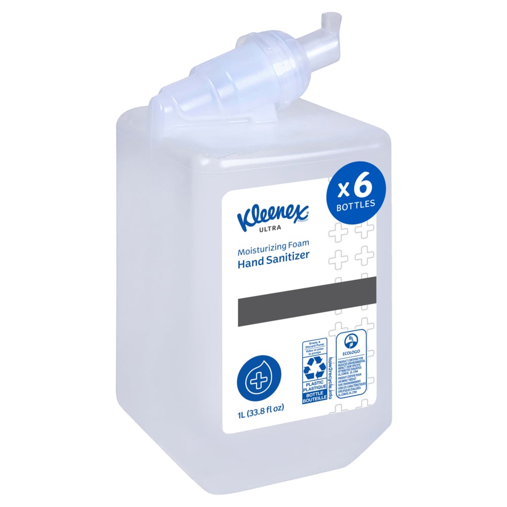 Désinfectant ultra hydratant en mousse pour les mains Kleenex® (34700), recharges pour distributrices manuelles de savon pour les mains transparent et sans parfum ajouté de 1 L pour les distributrices manuelles Scott® Essential, Ecologo, certifié E-3 par la NSF (6 bouteilles/caisse) - 34700