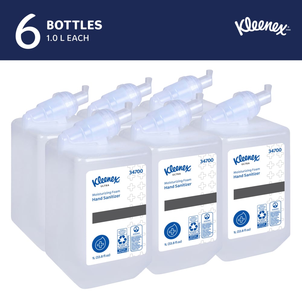 Kleenex® Ultra Moisturizing Foam Hand Sanitizer (34700), 1.0 L Clear, No Fragrance Added, Manual Hand Soap Refills for compatible Scott® Essential Manual Dispensers, Ecologo, NSF E-3 Rated (6 Bottles/Case) - 34700