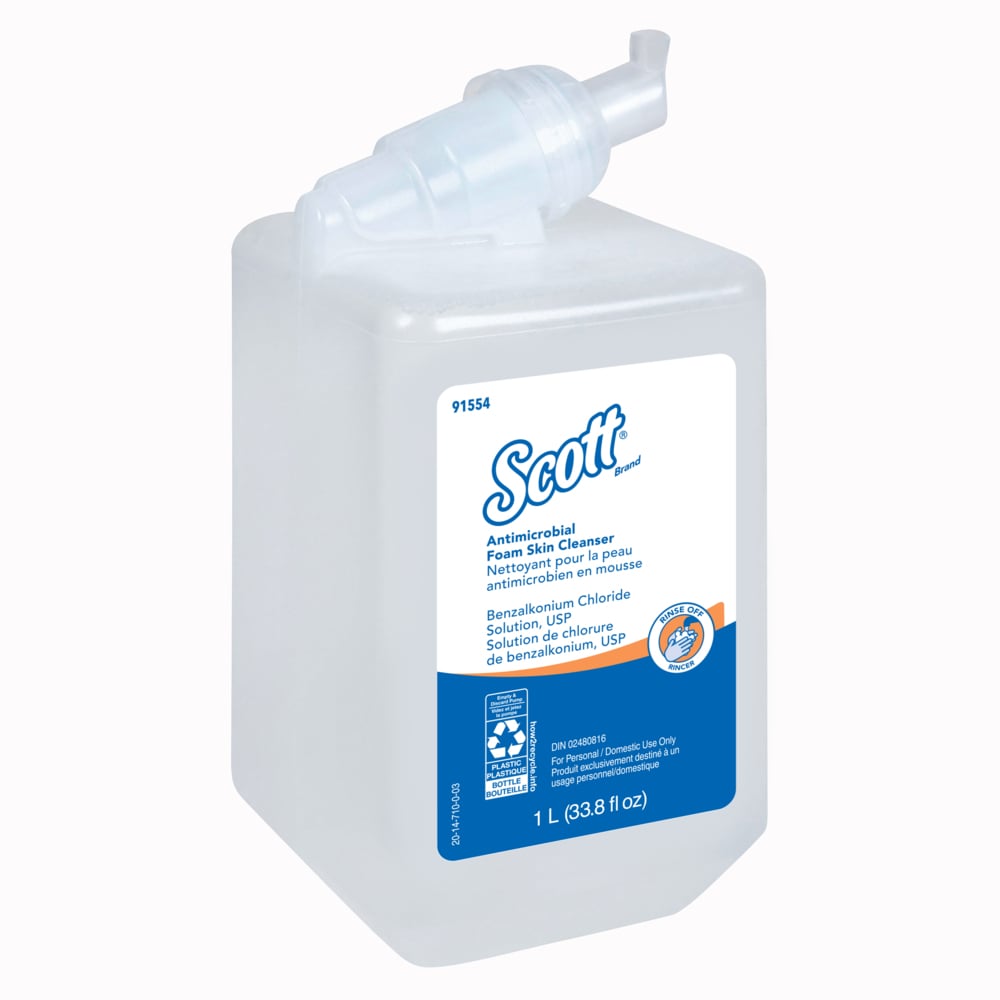 Scott® Antimicrobial Foam Skin Cleanser (91554), 1.0 L Manual Hand Soap Refills, Clear, No Fragrance Added, 0.1% Benzalkonium Chloride, (6 Bottles/Case) - 91554