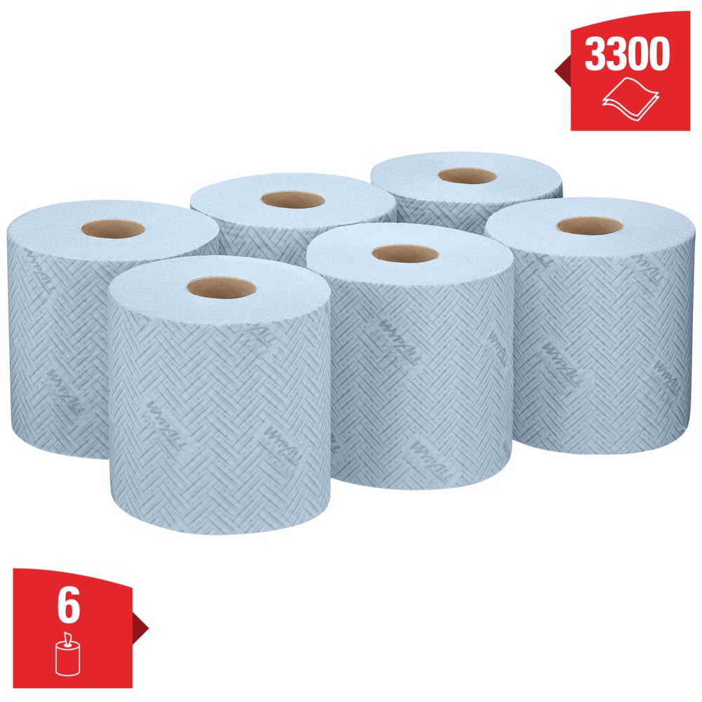 Essuyeurs pour nettoyage moyen WypAll® L20 General Clean™ 7260 - Rouleaux à dévidage central 2 épaisseurs - 6 rouleaux bleus × 550 essuyeurs en papier (3 300 au total) - 7260