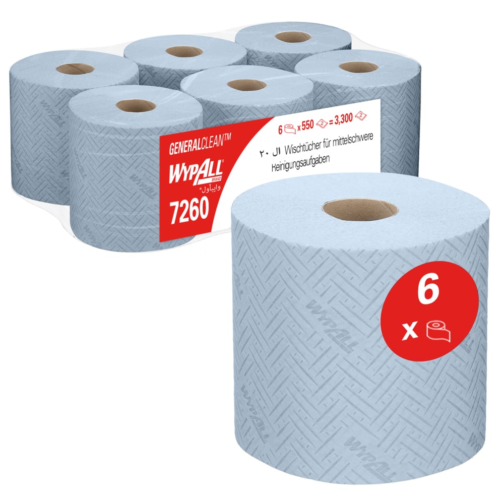 Essuyeurs pour nettoyage moyen WypAll® L20 General Clean™ 7260 - Rouleaux à dévidage central 2 épaisseurs - 6 rouleaux bleus × 550 essuyeurs en papier (3 300 au total) - 7260