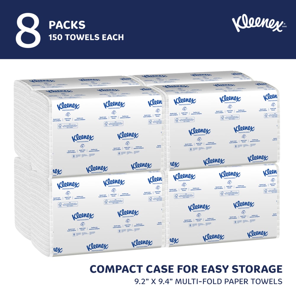 Kleenex® Multifold Paper Towels (02046), 1-Ply, 9.2" x 9.4" sheets, White, (150 Sheets/Pack, 8 Packs/Case, 1,200 Sheets/Case) - 02046