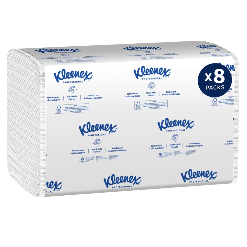 Essuie-mains à plis multiples Kleenex® (02046), 1 épaisseur, feuilles de 23,37 cm x 23,88 cm (9,2 po x 9,4 po), blanches (150 feuilles/paquet, 8 paquets/caisse, 1 200 feuilles/caisse) - 02046