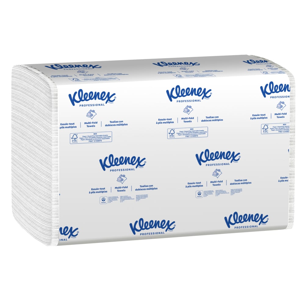 Essuie-mains à plis multiples Kleenex® (02046), 1 épaisseur, feuilles de 23,37 cm x 23,88 cm (9,2 po x 9,4 po), blanches (150 feuilles/paquet, 8 paquets/caisse, 1 200 feuilles/caisse) - 02046