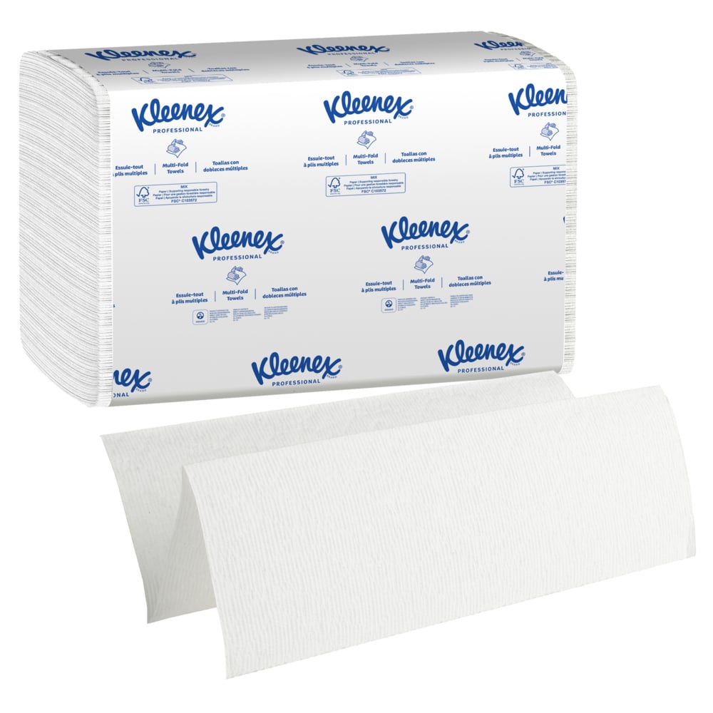 Essuie-mains à plis multiples Kleenex® (02046), 1 épaisseur, feuilles de 23,37 cm x 23,88 cm (9,2 po x 9,4 po), blanches (150 feuilles/paquet, 8 paquets/caisse, 1 200 feuilles/caisse) - 02046