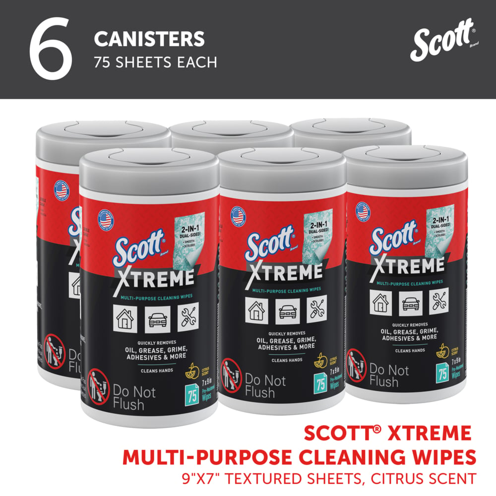 Scott® Xtreme Multi-Purpose Cleaning Wipes (54591), Heavy Duty Textured Extreme Cleaning Wipes with Citrus Scent, 9"x7" sheets (6 Canisters/Case, 75 Sheets/Canister, 450 Sheets/Case) - 54591