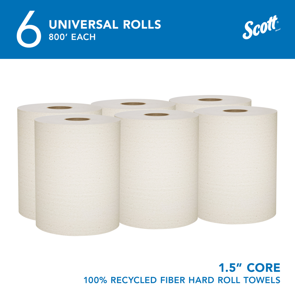 Scott® Universal 100% Recycled Fiber Hard Roll Paper Towels (56758), with Absorbency Pockets™, 1.5" Core, Compressed Rolls, Brown, (800'/Roll, 6 Rolls/Case, 4,800'/Case) - 56758