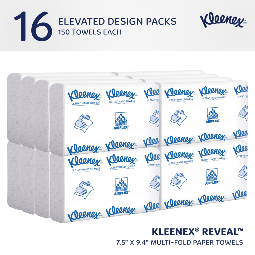 Kleenex® Reveal™ Multifold Paper Towels (46321), 2-Ply, 7.5" x 9.4" sheets, for Kimberly-Clark Professional™ Countertop System Dispenser (150 Sheets/Pack, 16 Packs/Case, 2,400 Sheets/Case) - 46321