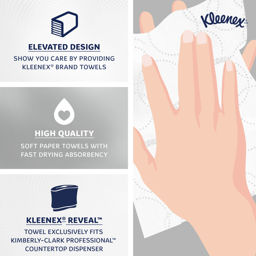 Kleenex® Reveal™ Multifold Paper Towels (46321), 2-Ply, 7.5" x 9.4" sheets, for Kimberly-Clark Professional™ Countertop System Dispenser (150 Sheets/Pack, 16 Packs/Case, 2,400 Sheets/Case) - 46321