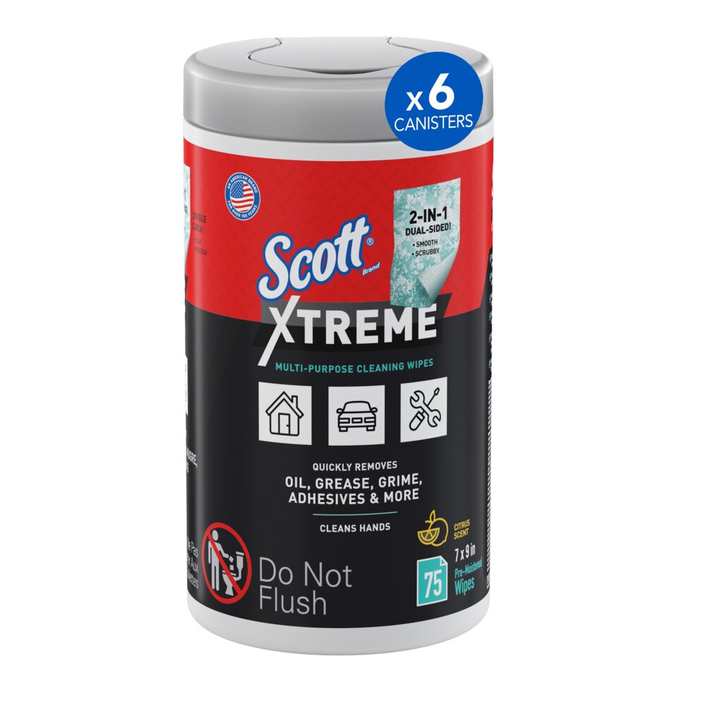 Scott® Xtreme Multi-Purpose Cleaning Wipes (54591), Heavy Duty Textured Extreme Cleaning Wipes with Citrus Scent, 9"x7" sheets (6 Canisters/Case, 75 Sheets/Canister, 450 Sheets/Case) - 54591