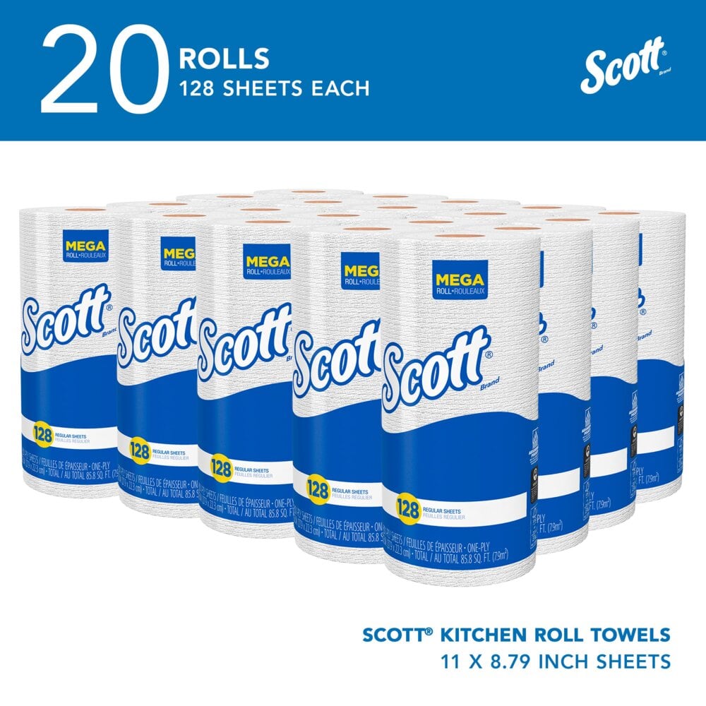 Scott® Kitchen Paper Towels (41482), with Fast-Drying Absorbency Pockets™, White, Perforated Standard Paper Towel Rolls, (20 Rolls/Case, 128 Sheets/Roll, 2,560 Sheets/Case) - 41482