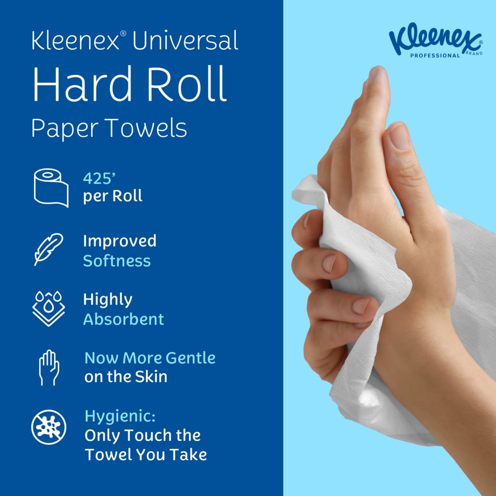 Kleenex® Universal Hard Roll Paper Towels (01080), 1.5" Core, with Premium Absorbency Pockets™, White, (12 Rolls/Case, 425'/Roll, 5,100'/Case) - 01080