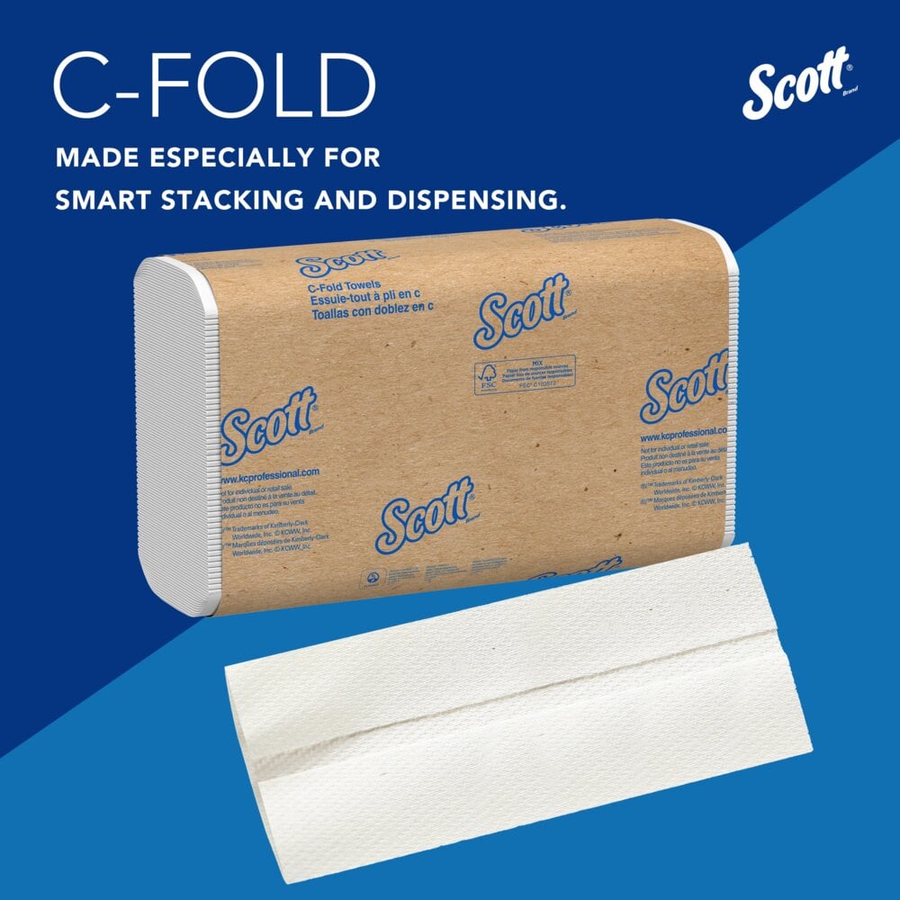 Scott® Essential C-Fold Paper Towels (01510), with Fast-Drying Absorbency Pockets™, White, (12 Packs/Case, 200 Sheets/Pack, 2,400 Sheets/Case) - 01510